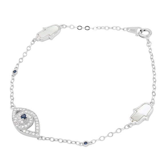 Silver 925 CZ Evil Eye and Mother of Pearl Hamsa Bracelet - Picture 2 of 2